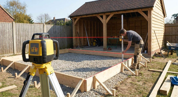 Rotary laser level for shed and outbuilding bases