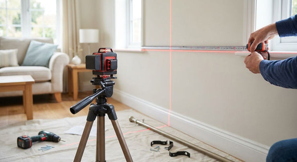 Cross line laser level for curtain pole installation