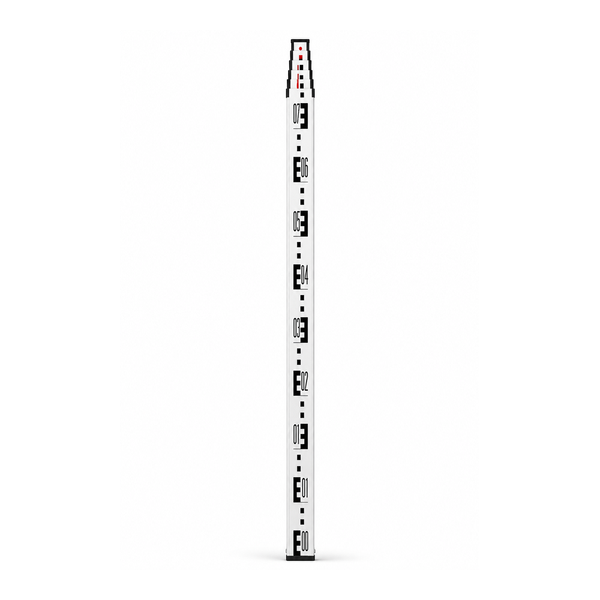 Grettz 4m telescopic levelling staff fully extended, showing white face with black and red E-pattern metric graduations