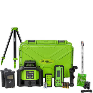 Complete Grettz G80 green beam dual-slope rotary laser kit laid out — tripod, green hard case, laser unit, LR receiver, remote control, battery packs, levelling staff, target plate and charger