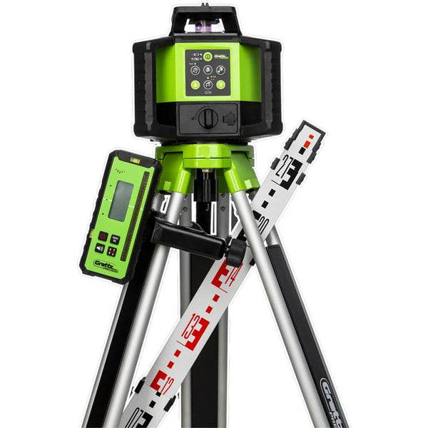 Grettz green rotary laser level on an aluminium tripod with an LR receiver and red-graduated levelling staff clamped alongside, ready for levelling a floor