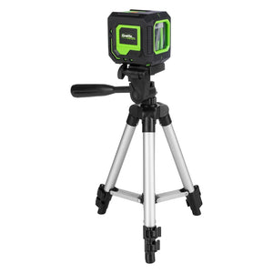Grettz G2D mini cross line green beam laser level mounted on aluminium mini tripod, ready for tiling, kitchen and trim work