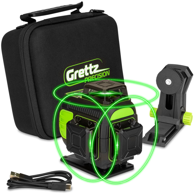 Grettz G4D 4D multi-line green beam laser shown firing 3x360 degree laser lines, alongside the soft carry case, multi-axis wall mount bracket and USB-C charging cable
