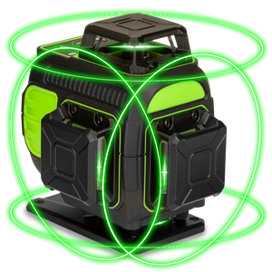 Close-up of the Grettz G4D multi-line green beam laser unit projecting three 360-degree green laser planes from its rugged housing