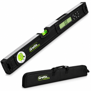 Grettz GL60 600mm digital spirit level in black with green bubble vial, backlit LCD angle display and padded carry case
