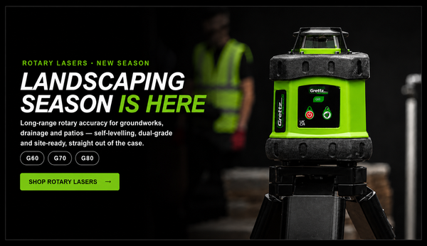 Grettz rotary lasers banner — green G60 rotary laser level on a tripod on a UK site with a groundworker in a hi-vis vest behind, headline 'Landscaping Season Is Here', for groundworks, drainage and patios