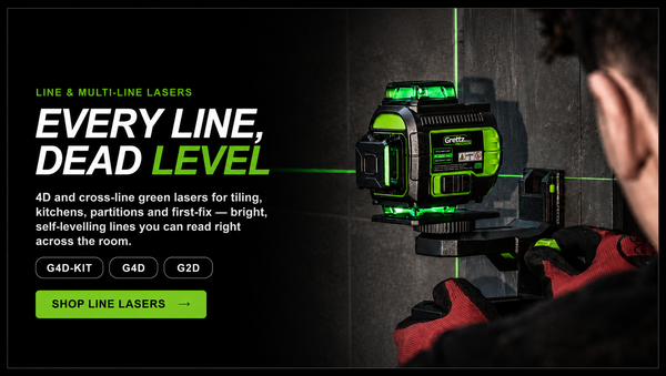 Grettz line lasers banner — green G4D 4D multi-line laser projecting 360-degree green laser lines onto a wall while a tradesperson in red gloves sets it up, headline 'Every Line, Dead Level'