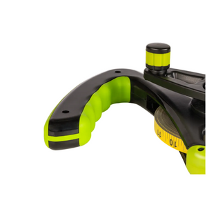 Close-up of Grettz nylon-coated steel surveyors tape measure showing rugged casing and reinforced corner moulding