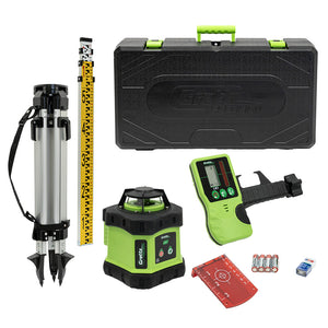 Grettz G60 red beam rotary laser level kit including tripod, telescopic staff, LR1 receiver, target plate and hard carry case