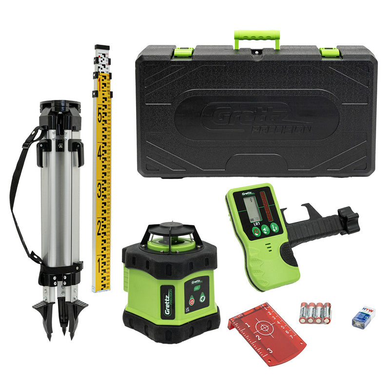 Grettz G60 red beam rotary laser level kit including tripod, telescopic staff, LR1 receiver, target plate and hard carry case