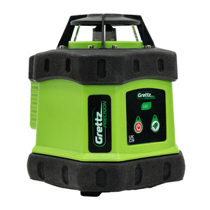 Grettz G60 rotary laser level unit front view showing power button, battery indicator and UKCA marking