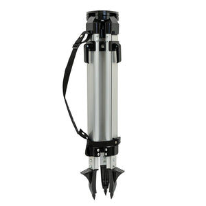 Aluminium surveyor tripod folded with carry strap, included with the Grettz G60 rotary laser kit