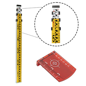 Telescopic levelling staff with metric and imperial graduations alongside red target plate, included with the Grettz G60 kit