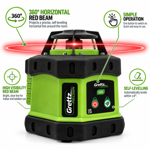 Grettz G60 Red Beam Rotary Laser Level Kit — Tripod, Staff & LR1 Receiver