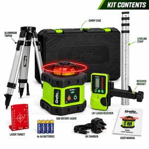 Grettz G60 Red Beam Rotary Laser Level Kit — Tripod, Staff & LR1 Receiver
