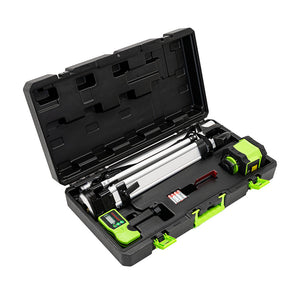 Grettz G60 rotary laser kit packed inside open hard carry case, showing tripod, laser unit and LR1 receiver