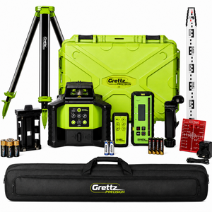 Grettz G70 red beam dual-grade rotary laser level kit — main product view with tripod, staff and receiver