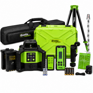 Grettz G80 green beam dual slope rotary laser level kit — main product view with tripod, staff and receiver