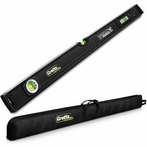 Grettz GL120 1200mm digital spirit level in black with green bubble vial, backlit LCD display and padded carry case