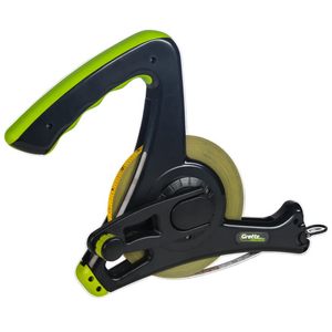Grettz 30m nylon-coated steel surveyors tape measure on open reel with green-and-black anti-corrosion housing