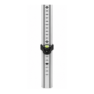 Close-up of the Grettz 4m levelling staff showing metric E-pattern graduations and a circular bubble vial for keeping the staff plumb
