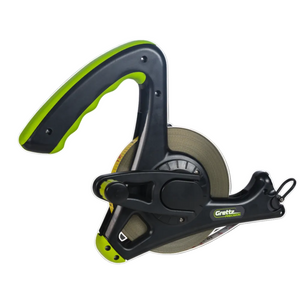 Grettz 50m nylon-coated steel surveyors tape measure on open reel with green-and-black anti-corrosion housing