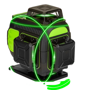 Close-up of the Grettz G4D multi-line green beam laser unit projecting three 360-degree green laser planes from its rugged housing