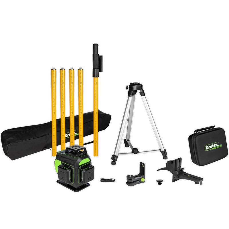 Grettz G4D 4D multi-line green beam laser kit with telescopic tripod pole, mini aluminium tripod, soft pole carry bag, hard case, multi-axis mounting brackets and USB-C charging cable