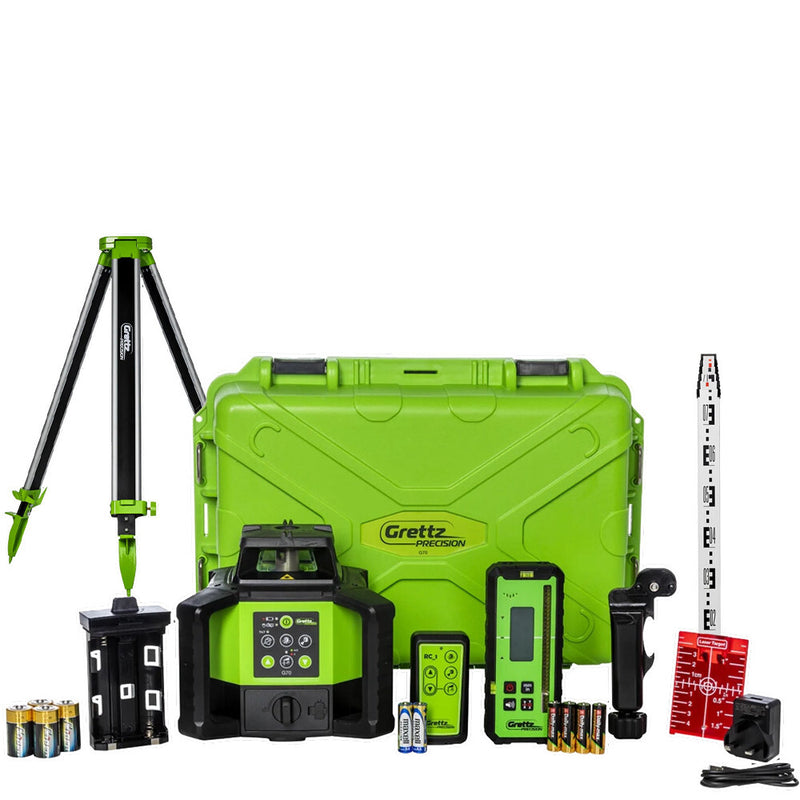 Grettz G70 red beam dual-grade rotary laser level kit including aluminium tripod, telescopic staff, LR receiver, RC_1 remote control, target plate and hard carry case