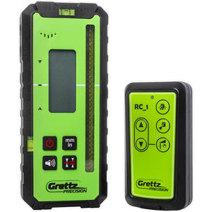 Grettz LR laser receiver and RC_1 remote control front view, supplied with the G80 dual slope rotary laser kit
