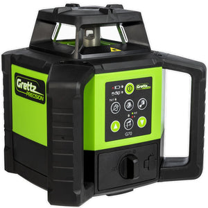 Grettz rotary laser unit close-up showing control panel, tilt indicator and X/Z/Y dual slope controls