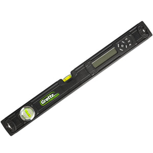Grettz GL60 600mm professional digital spirit level showing main LCD readout, dual bubble vials and Grettz Precision branding
